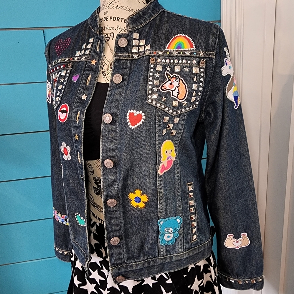 Upcycled Unicorn Patch Jean Jacket Studs Rhinston… - image 3